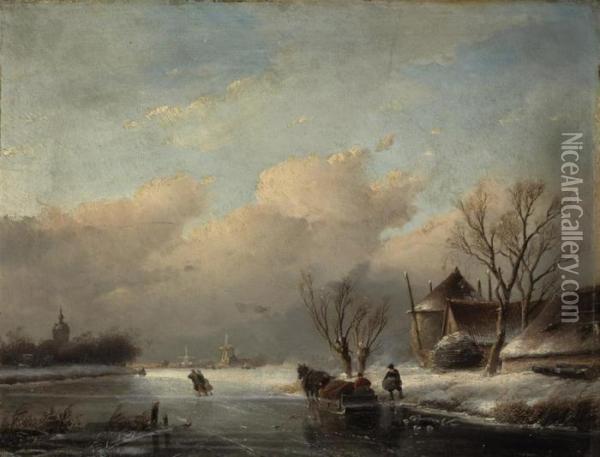 Figures Skating On A Frozen River Oil Painting - Jan Jacob Coenraad Spohler
