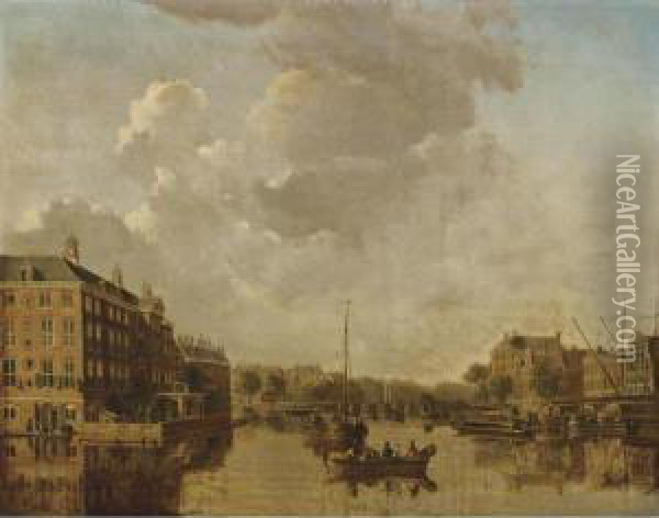 A View Of The Binnen Amstel Towards The Blauwbrug With The Deacon Orphanage To The Left Oil Painting - Gerrit Toorenburg