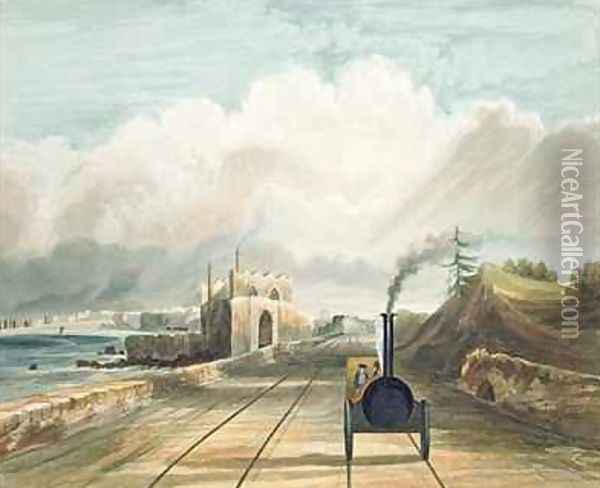 Dublin and Kingstown Railway From the Footbridge at Sea Point Hotel Looking Towards Salt Hill Kingstown Harbour in the Distance Oil Painting - Andrew Nicholl