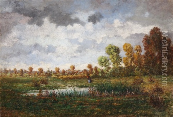 Herbstliche Landschaft Mit Weiher Und Reisigsammlerin Oil Painting - Leon Richet