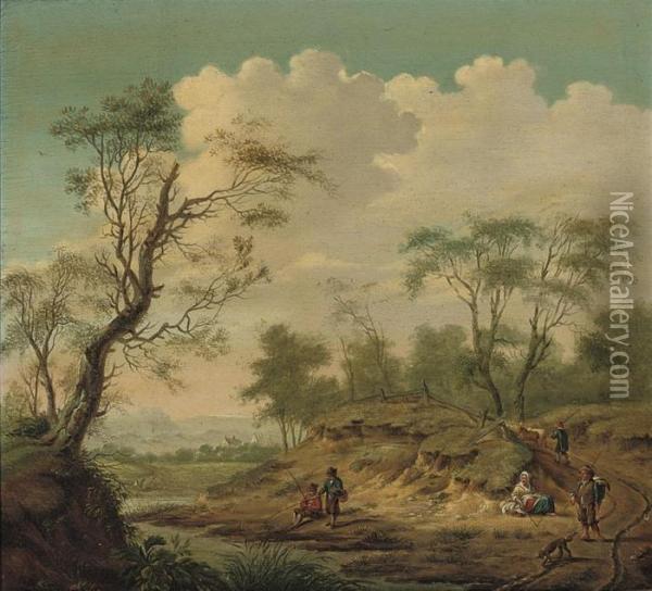 A Wooded River Landscape With Fishermen On A Bank And Figures On Atrack Oil Painting - Jan Wijnants