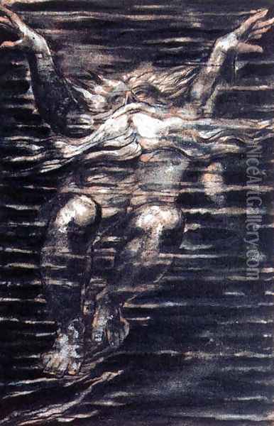 The First Book of Urizen- Bearded man swimming through water, 1794 Oil Painting - William Blake