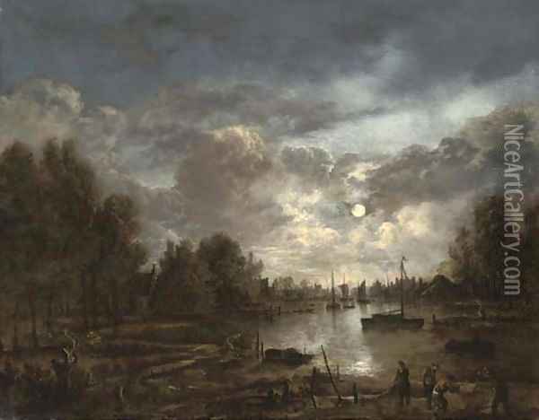 A moonlit river landscape with figures and shipping, a town beyond Oil Painting - Aert van der Neer
