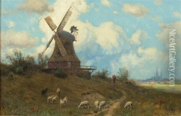 Blick Auf Windmuhle Und Weidende Schafe Vor Ferner Stadtsilhouette Oil Painting - August (Karl Martin A.) Splitgerber