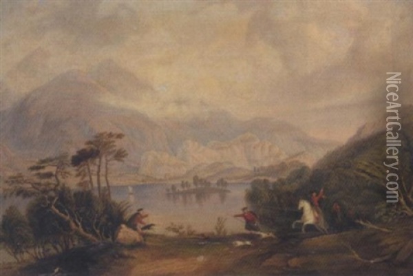 Hunting By A Loch Oil Painting - T. A. Jameson