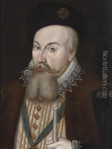 Portrait Of Sir Robert Dudley, Earl Of Leicester, Bust Length In A White Doublet Embroidered With Gold And A Fur-trimmed Robe, A Black Cap And The Sash Of The Order Of The Garter Oil Painting - William (Sir) Segar