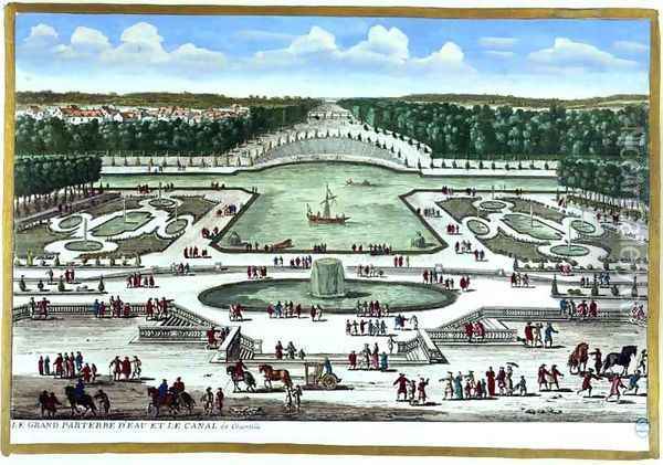 The Grand Parterre dEau and the Canal, Chantilly, from Vues des belles maisons de France, published 1680 Oil Painting - Adam Perelle