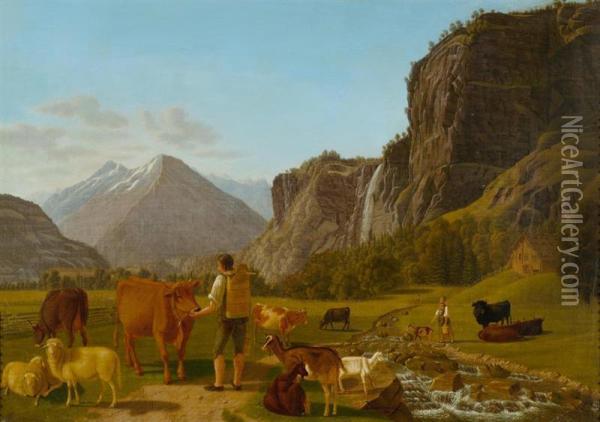 Herdsman With Animals Near Reichenbachfall Hasliberg Oil Painting - Emanuel Rudolf Biedermann