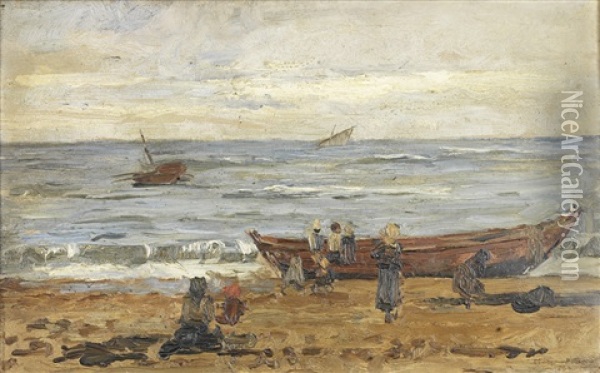 Vista De Praia Com Pescadores Oil Painting - Joao-Marques de Oliveira