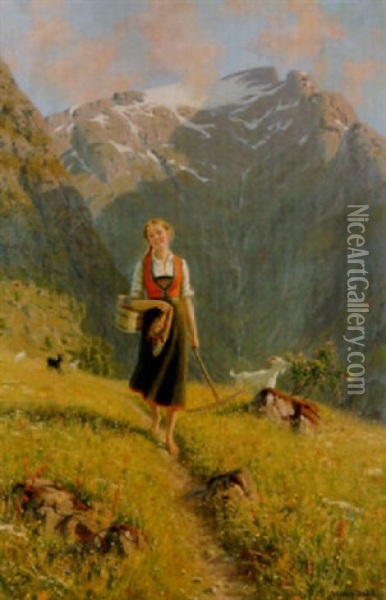 Bergslandskap Med Ung Vallflicka Oil Painting - Hans Dahl