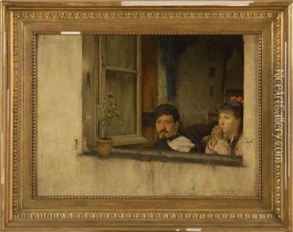 A Young Man And Woman Gaze Out A Window Oil Painting - Pascal-Adolphe-Jean Dagnan-Bouveret