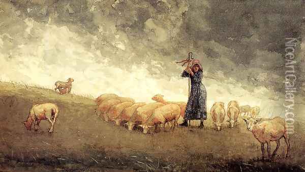 Shepherdess Tending Sheep Oil Painting - Winslow Homer
