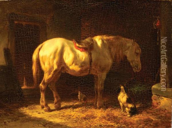 A Horse And A Small Dog In A Stable Oil Painting - Wouterus Verschuur