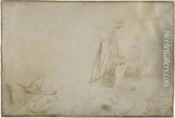 Three Men-of-war On Rough Seas Oil Painting - Barent Gael