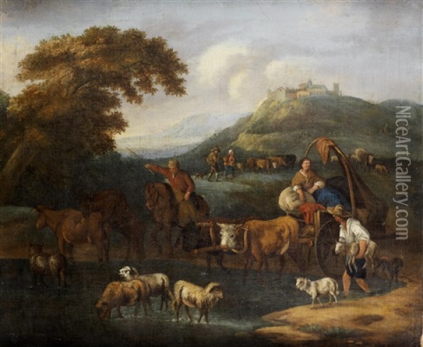 Travellers On A Path Before An Italianate Landscape Oil Painting - Michiel Carree