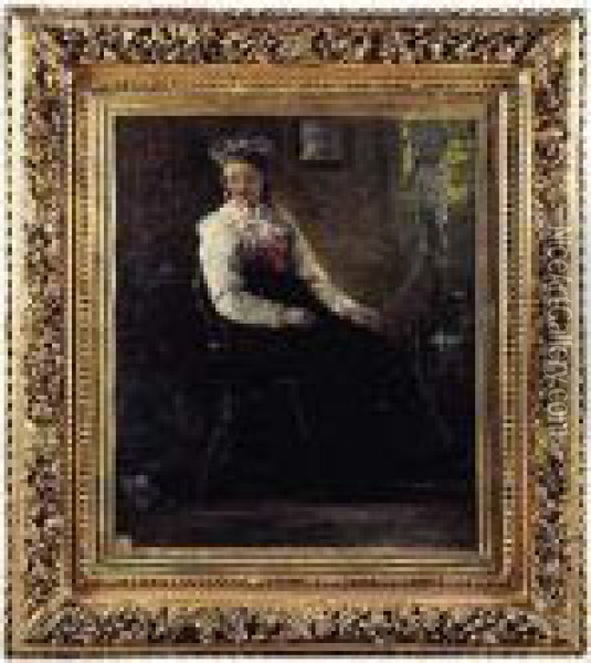 Jeune Fille A La Quenouille Et Au Chat Oil Painting - Gustave Adolf Jundt