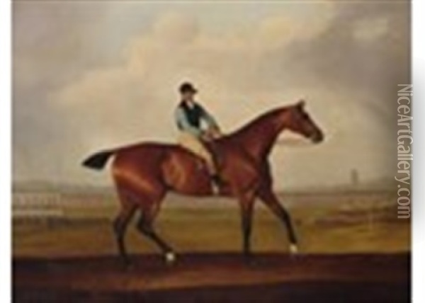 A Bay Racehorse With A Jockey Up, In The Colours Of John Tomes Of Long Marsden, On Chester Racecourse Oil Painting - Thomas Weaver