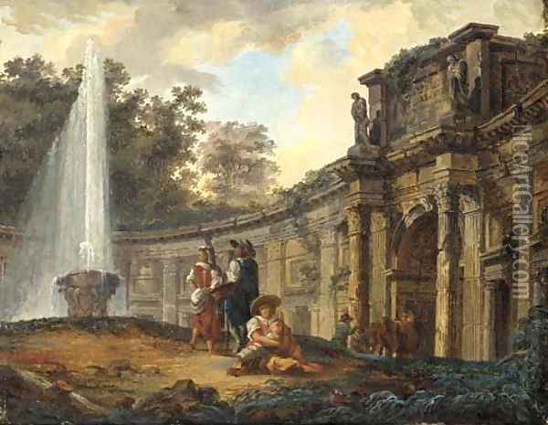 Figures conversing before a capriccio of classical ruins Oil Painting - Hubert Robert