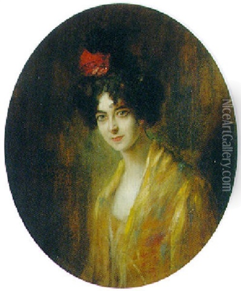 Portrait Of A Lady Wearing A Yellow Dress With A Red Ribbon In Her Hair Oil Painting - Otto Propheter