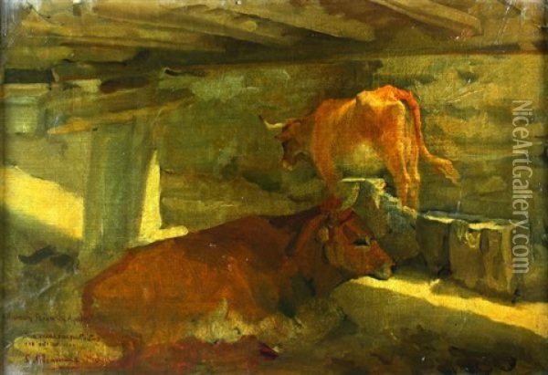 Vacas En El Establo Oil Painting - Luis Menendez Pidal