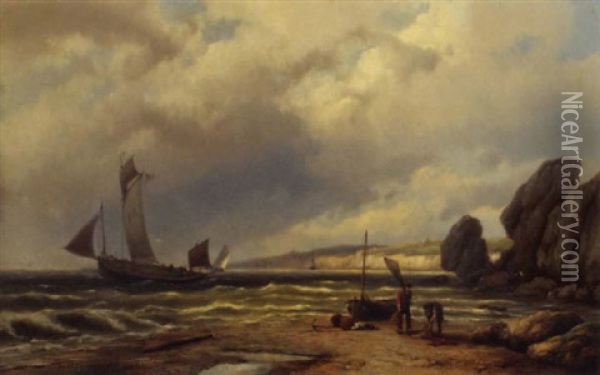 Fishermen At Work On The English Coast Oil Painting - Johannes Hermanus Barend Koekkoek