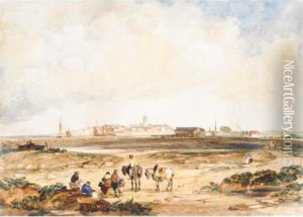 Fisherfolk On The Shore At Yarmouth, Isle Of Wight Oil Painting - Robert Brandard