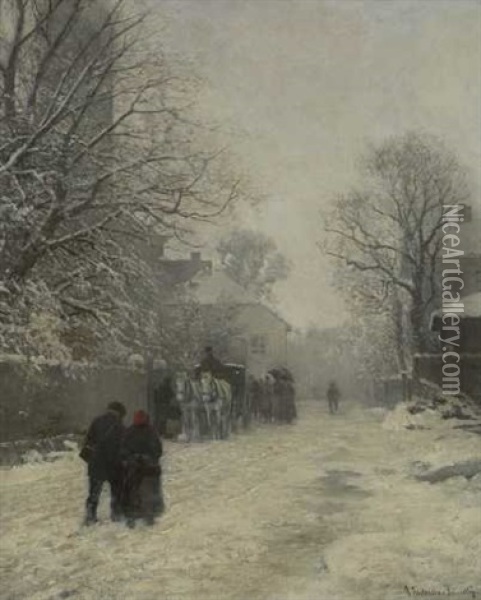 Winterliche Dorfstrase Oil Painting - Anders Andersen-Lundby