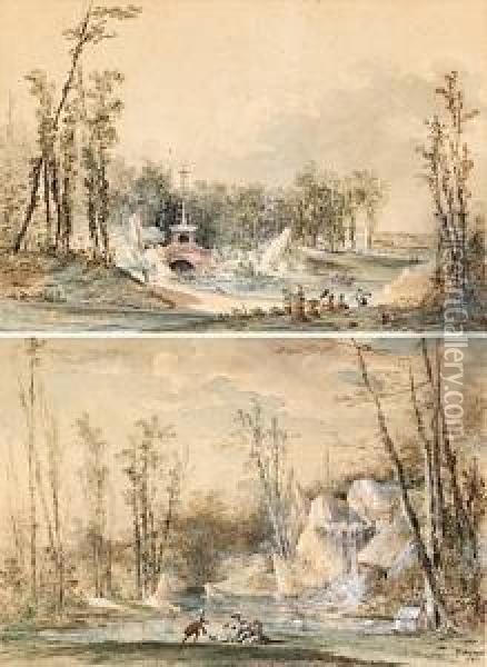 Le Jardin De Bagatelle : Le Pont Chinois Et La Cascade Oil Painting - Louis-Gabriel Moreau the Elder