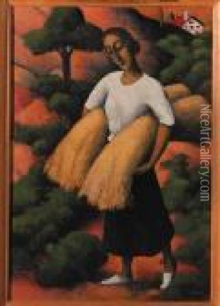 A Peasant Woman Harvesting Oil Painting - Felix Elie Tobeen