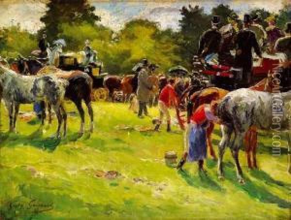 Les Drags, L'arrivee Au Champ De Course, Circa 1910. Oil Painting - Alexandre-Gaston Guignard