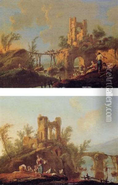 Peasants Fishing And Laundering By The Banks Of A River, Ruined Castles Beyond Oil Painting - Jean Baptiste Pillement