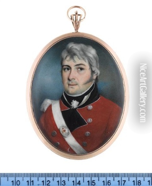An Officer Of An Auxiliary Infantry, Wearing Red Coat With White Piping To The Black Facings And Standing Collar, Silver Buttons, White Epaulette, White Cross Belt With Oval Gilt-metal Belt Plate Oil Painting - Joseph Pastorini
