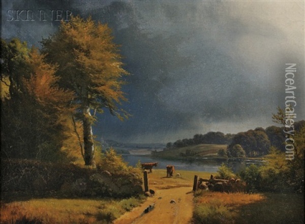 View Of The Promenade, Langeline, Copenhagen, Denmark And Winding Thunderstorm (2 Works) Oil Painting - Anders Andersen-Lundby