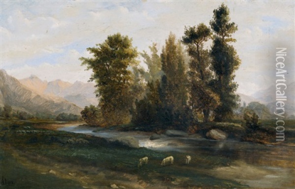 Flusspartie Im Gebirge Mit Weidenden Schafen Oil Painting - Camille Flers
