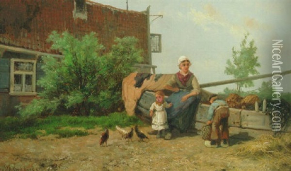 Fisher Family In A Yard Oil Painting - Johannes Hermanus Barend Koekkoek