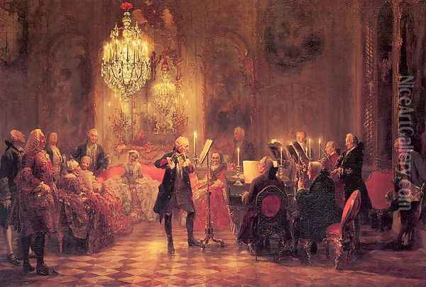 A Flute Concert of Frederick the Great at Sanssouci 1852 Oil Painting - Adolph von Menzel