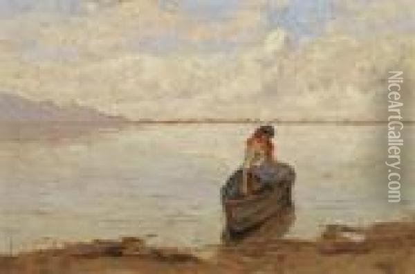 Donna In Barca Sul Lago Di Massaciuccoli Oil Painting - Angiolo Tommasi