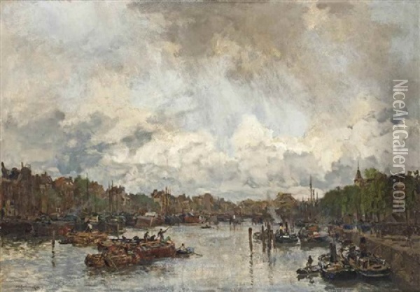 Een Regenbui, Rotterdam: Delfshaven In Rotterdam Oil Painting - Johan Hendrik van Mastenbroek