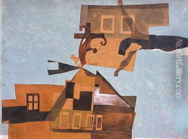 Houses at Szentendre with Crucifix 1937 Oil Painting - Lajos Vajda
