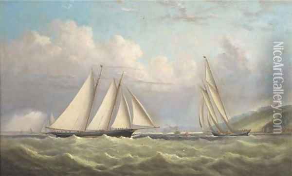 Racing schooners rounding the turning mark in Osborne Bay with Norris Castle above and Ryde beyond Oil Painting - Arthur Wellington Fowles