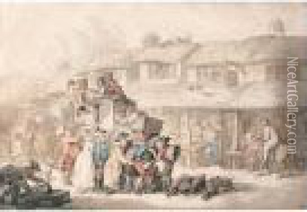 The Arrival Of The Stagecoach At Bodmin, Cornwall Oil Painting - Thomas Rowlandson