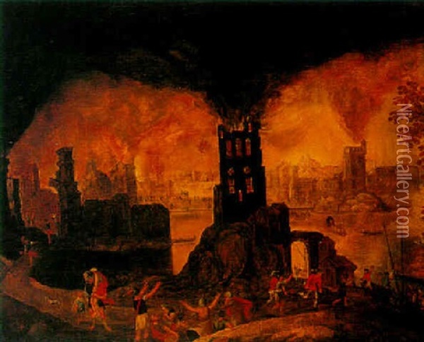 Aeneas And Anchises With The Burning Of Troy Oil Painting - Daniel van Heil