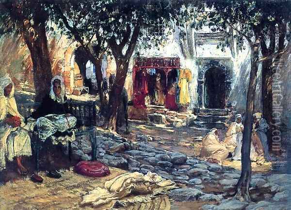 Idle Moments An Arab Courtyard Oil Painting - F. A. Bridgeman