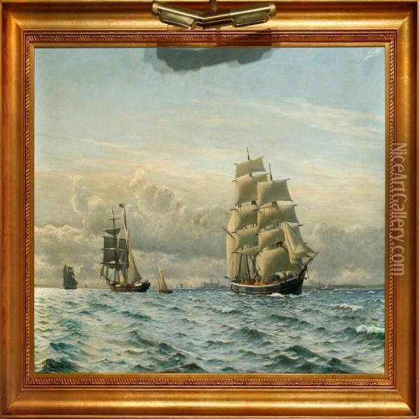 Marine Med Adskillige Skibe Ud For Kronborg Oil Painting - Christian Vigilius Blache