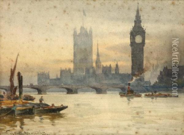 View Of Big Ben From The Thames Oil Painting - William Alister Mac Donald