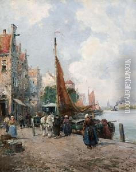 Dutch Harbor Scene Oil Painting - Carl Wagner