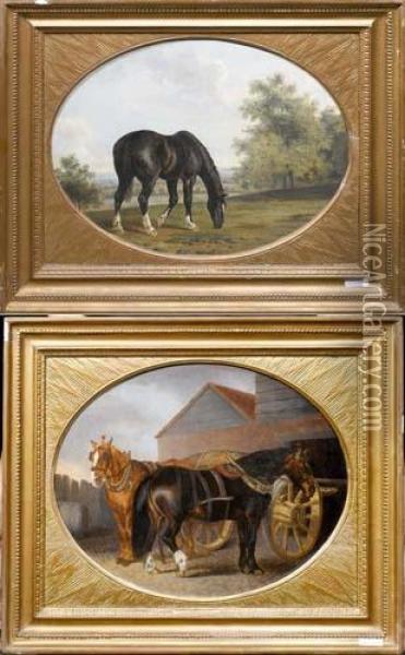 Gegenstucke: Schwarzes Jagdpferd Und Karrenpferde. Oil Painting - Thomas Gooch