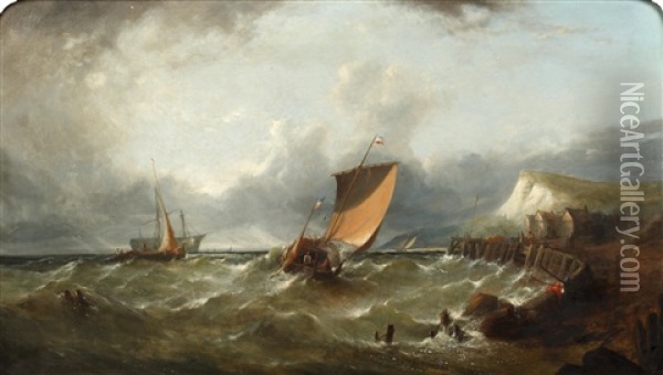 Boats In A Swell Off The Coast Oil Painting - William Henry Williamson