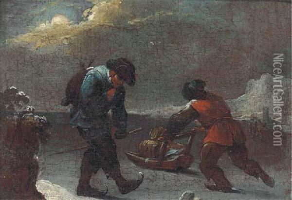 Winter Travellers With A Slay Oil Painting - Thomas Heeremans