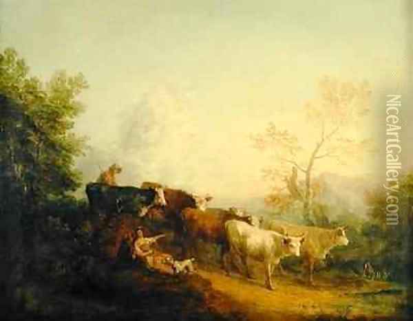 Herdsmen Driving Cattle towards a Post Oil Painting - Thomas Gainsborough